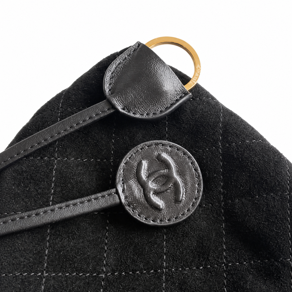 Chanel Quilted Suede Drawstring Bucket Bag Black Gold Hardware