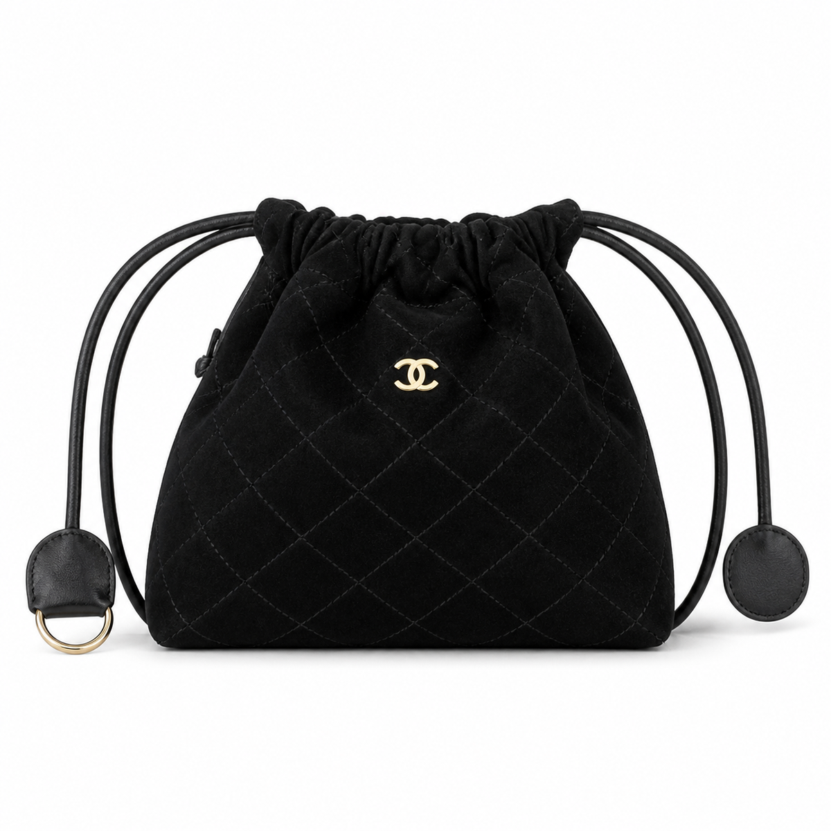 Chanel Quilted Suede Drawstring Bucket Bag Black Gold Hardware