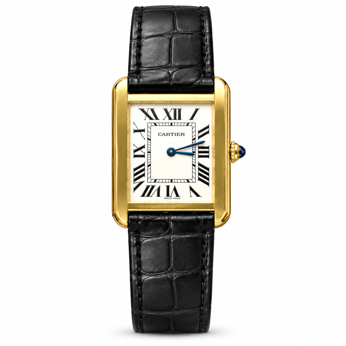 Cartier Tank Solo Large 18K Yellow Gold Ivory Dial Manual-Winding Black Alligator Strap Watch