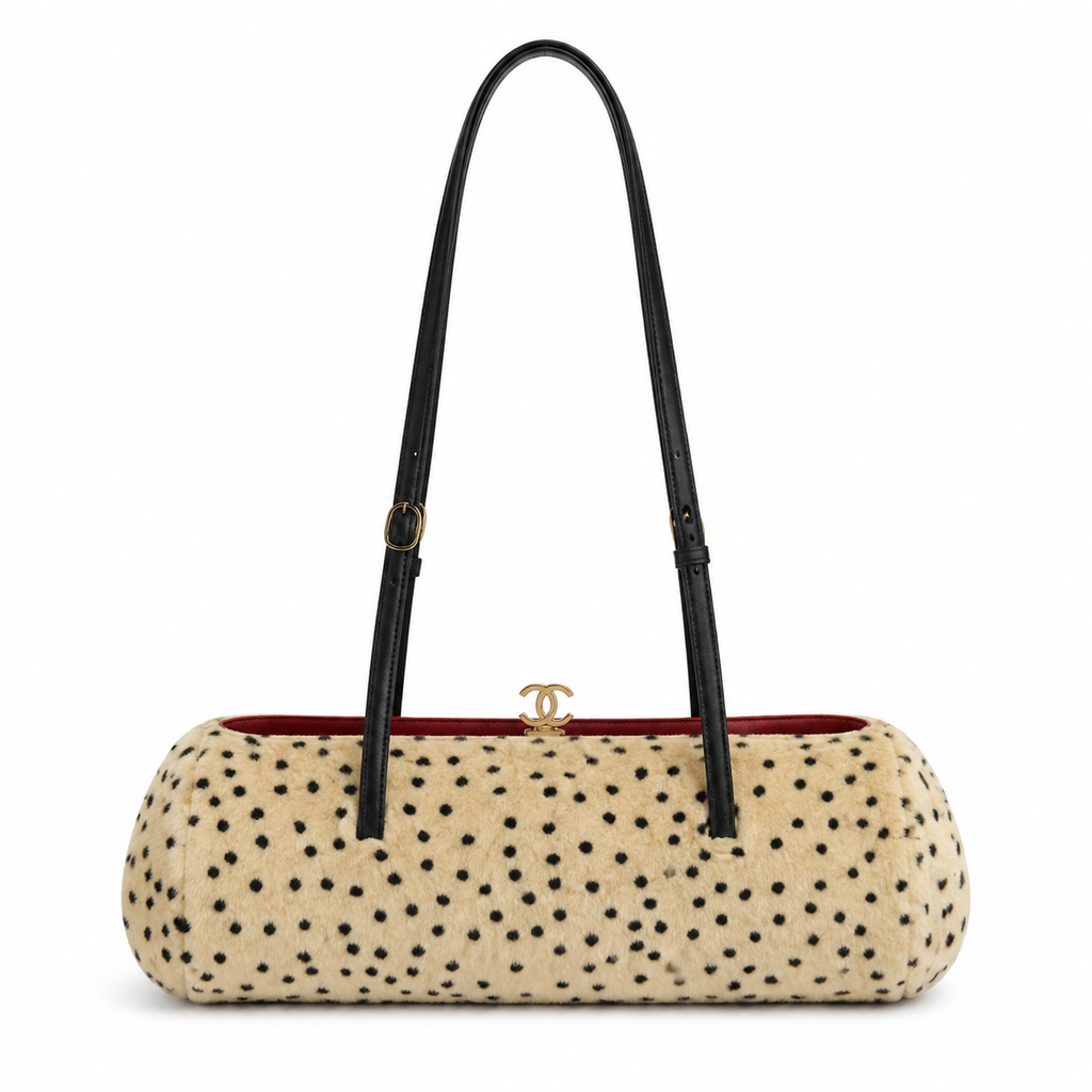 Chanel CC Polka Dot Shearling Flap Tote | Cream & Black Gold CC — 36cm