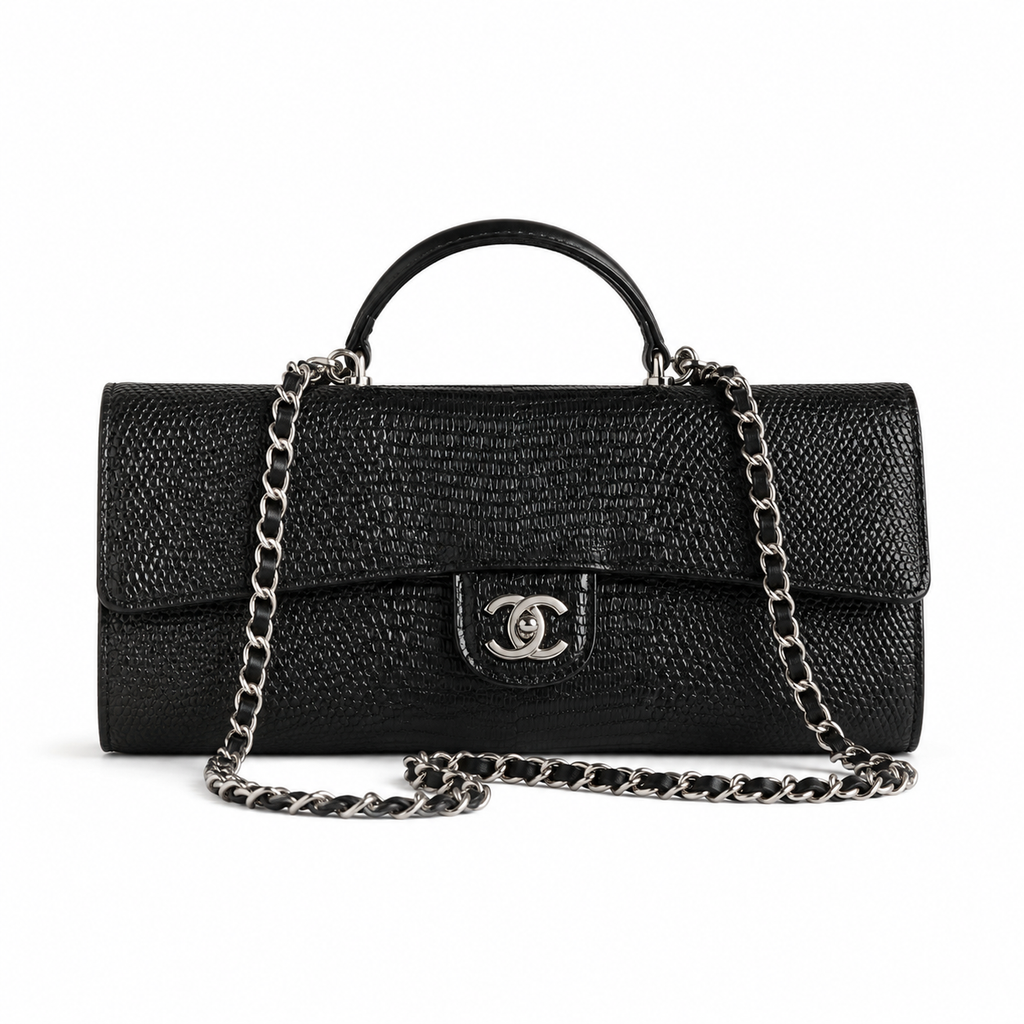 Chanel Black Lizard-Embossed Baguette Flap Bag | Top Handle & Silver Chain