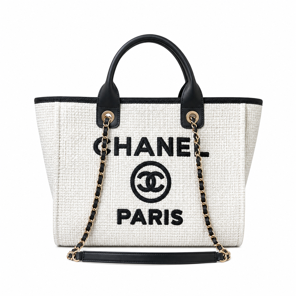 Chanel Deauville Medium Tweed Tote Ivory Black Gold Hardware