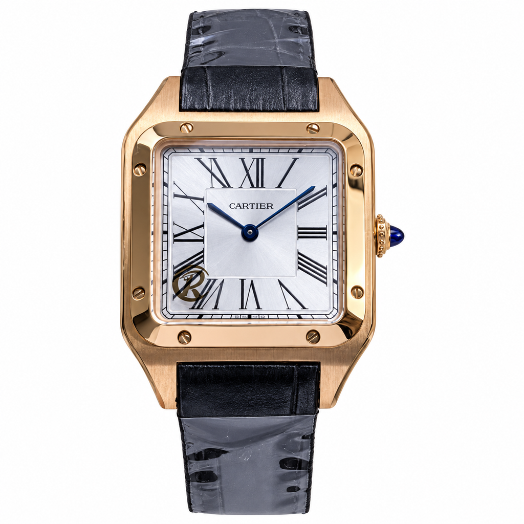 Cartier Santos-Dumont Large Rose Gold Silver Dial Manual Black Strap Watch – KDY