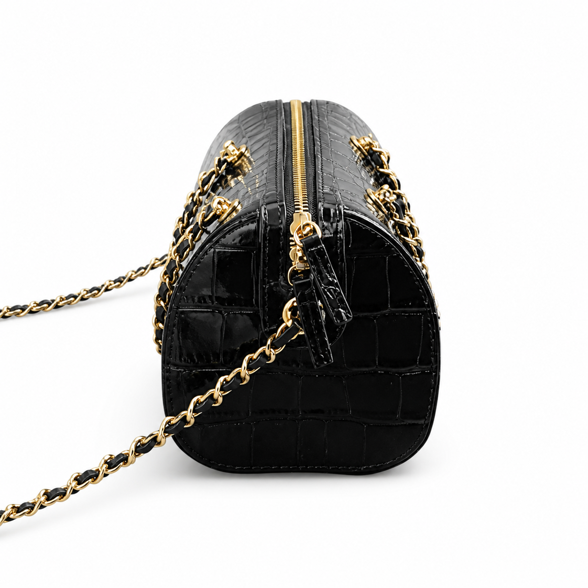 Chanel Deauville Croc-Embossed Black Zip Chain Bag