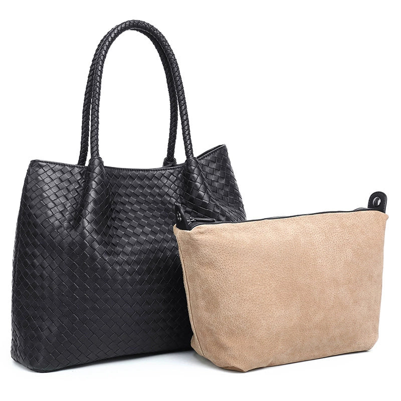 Black Intrecciato Woven Leather Large Tote with Braided Handles