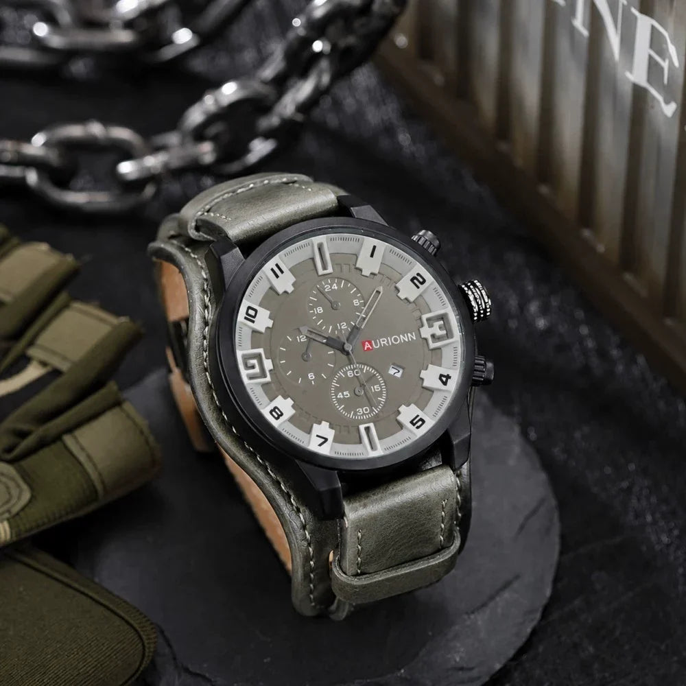 AURIONN Men's Military Chronograph Matte Black Oversized Case Grey Dial White Arabic Numerals Dual Sub-Dials Date Wide Vintage Leather Strap