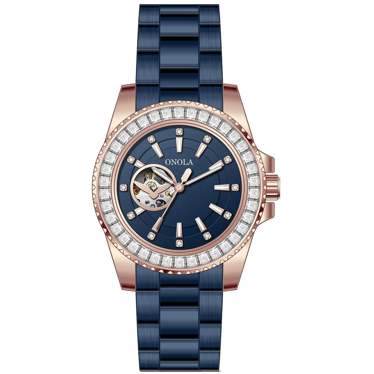 ONOLA Automatic — Steel, Green Baguette Crystal Bezel, Green Skeleton Dial & Steel Bracelet, Men