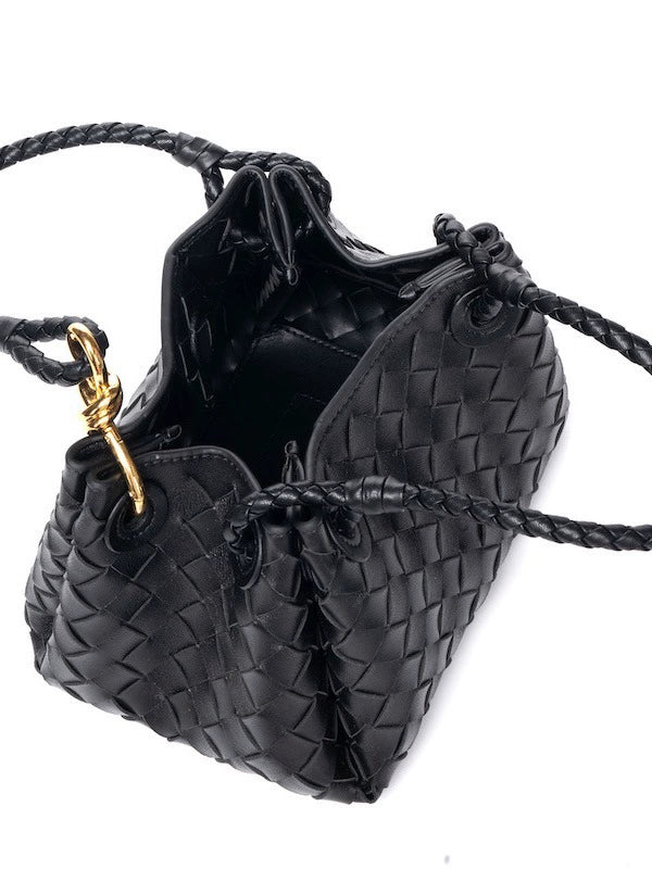 Black Woven Leather Mini Tote with Braided Rope Handles and Gold Hook